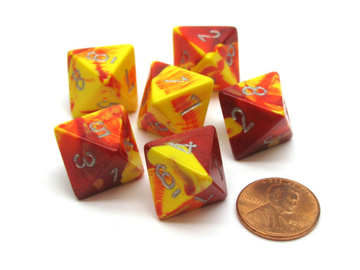 Gemini 15mm 8 Sided D8 Chessex Dice, 6 Pieces - Red-Yellow with Silver