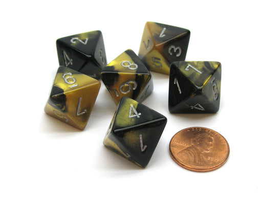 Gemini 15mm 8 Sided D8 Chessex Dice, 6 Pieces - Black-Gold with Silver