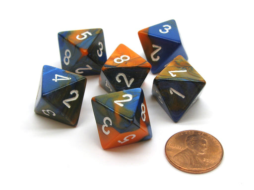 Gemini 15mm 8 Sided D8 Chessex Dice, 6 Pieces - Blue-Orange with White