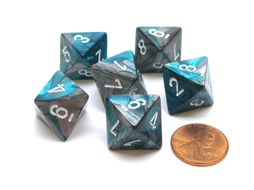 Gemini 15mm 8 Sided D8 Chessex Dice, 6 Pieces - Steel-Teal with White