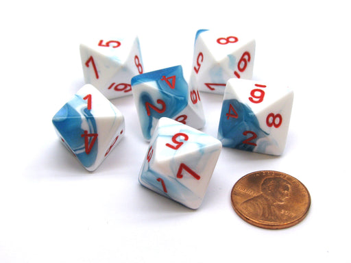 Gemini 15mm 8 Sided D8 Chessex Dice, 6 Pieces - Astral Blue-White with Red