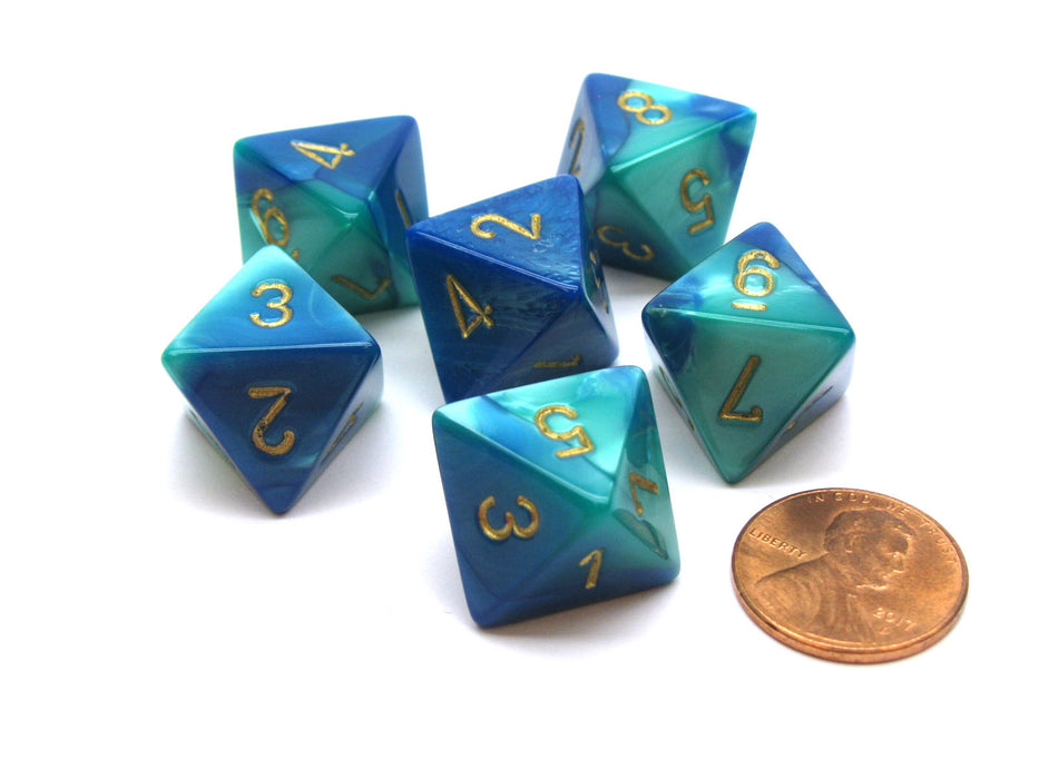 Gemini 15mm 8 Sided D8 Chessex Dice, 6 Pieces - Blue-Teal with Gold