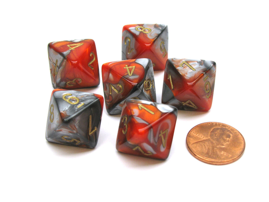 Gemini 15mm 8 Sided D8 Chessex Dice, 6 Pieces - Orange-Steel with Gold