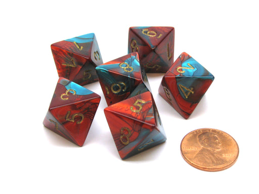 Gemini 15mm 8 Sided D8 Chessex Dice, 6 Pieces - Red-Teal with Gold