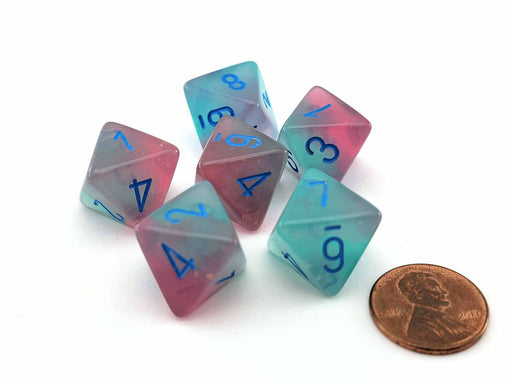 Luminary Gemini 15mm 8 Sided D8 Dice, 6 Pieces - Gel Green-Pink with Blue