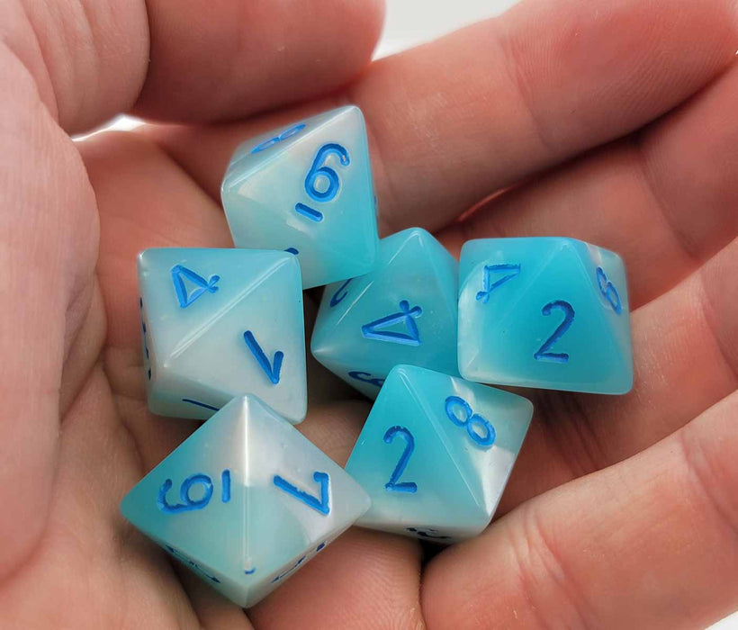 Luminary Gemini 15mm 8 Sided D8 Dice, 6 Pieces - Pearl Turquoise-White with Blue