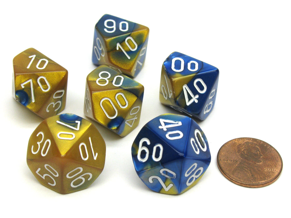 Gemini 16mm Tens D10 (00-90) Dice, 6 Pieces - Blue-Gold with White Numbers