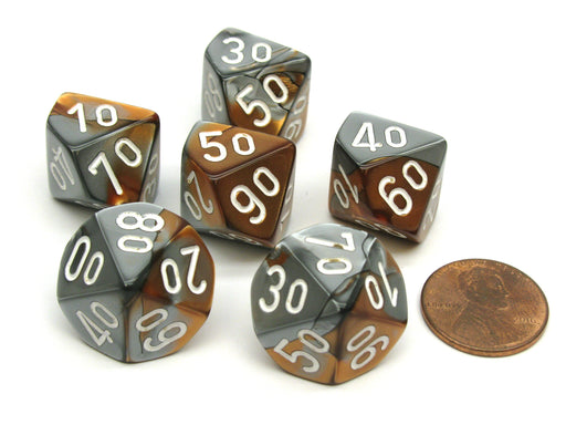 Gemini 16mm Tens D10 (00-90) Chessex Dice, 6 Pieces - Copper-Steel with White