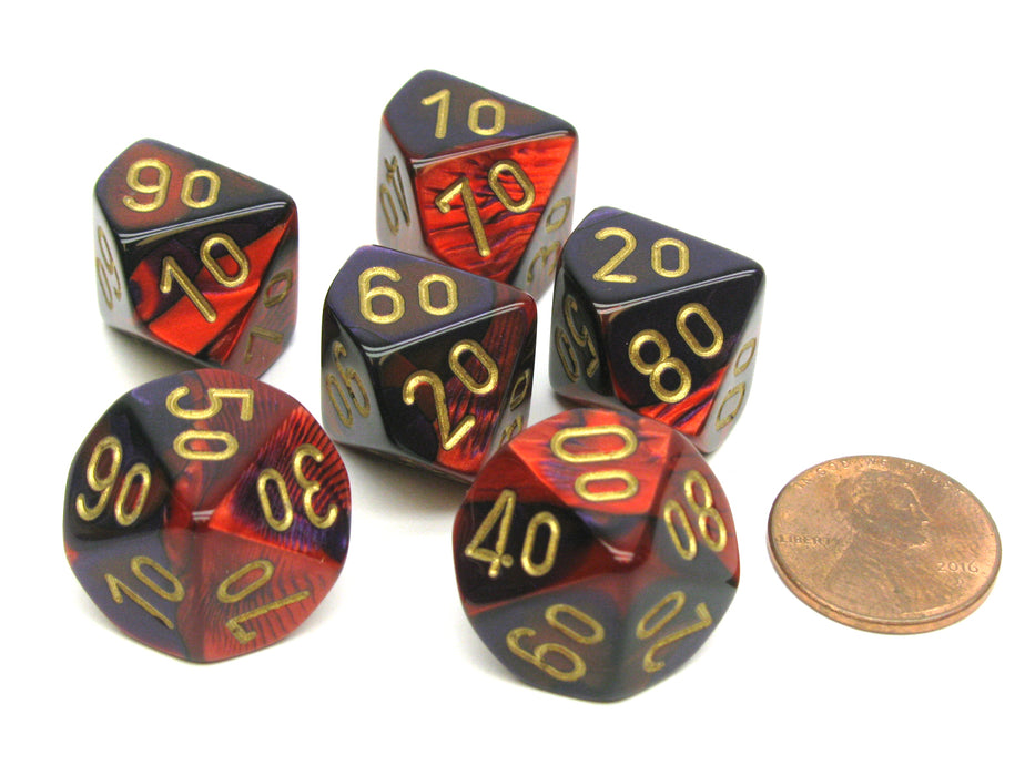 Gemini 16mm Tens D10 (00-90) Dice, 6 Pieces - Purple-Red with Gold Numbers