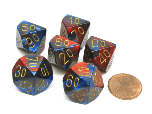 Gemini 16mm Tens D10 (00-90) Chessex Dice, 6 Pieces - Blue-Red with Gold Numbers