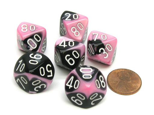 Gemini 16mm Tens D10 (00-90) Dice, 6 Pieces - Black-Pink with White Numbers