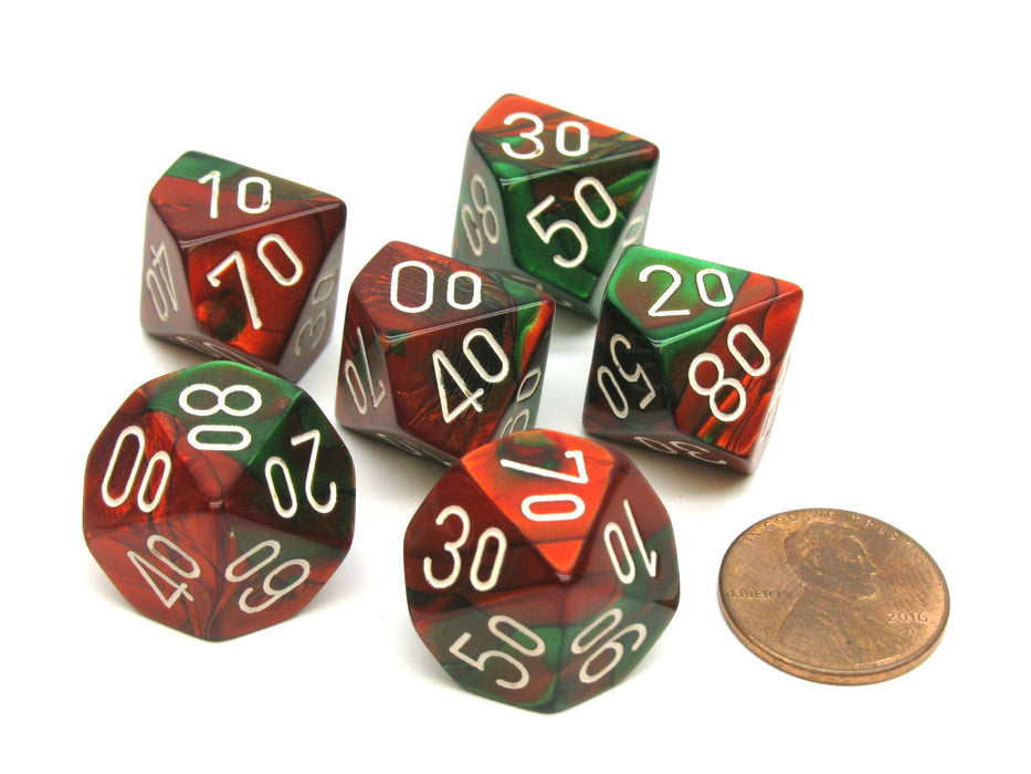 Gemini 16mm Tens D10 (00-90) Dice, 6 Pieces - Green-Red with White Numbers