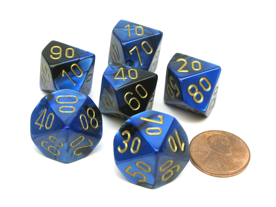 Gemini 16mm Tens D10 (00-90) Dice, 6 Pieces - Black-Blue with Gold Numbers