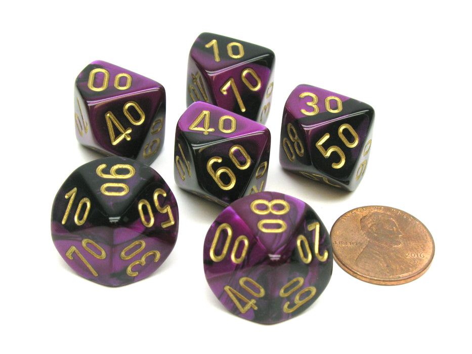 Gemini 16mm Tens D10 (00-90) Dice, 6 Pieces - Black-Purple with Gold Numbers