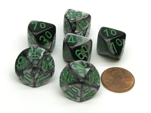 Gemini 16mm Tens D10 (00-90) Dice, 6 Pieces - Black-Grey with Green Numbers