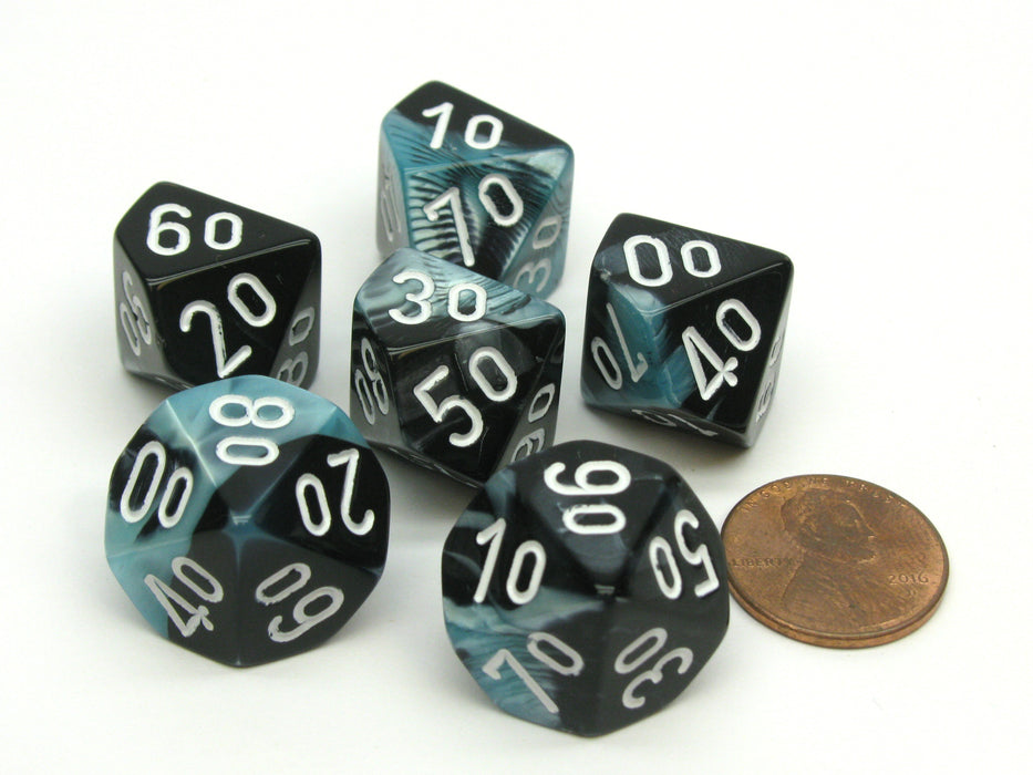 Gemini 16mm Tens D10 (00-90) Dice, 6 Pieces - Black-Shell with White Numbers