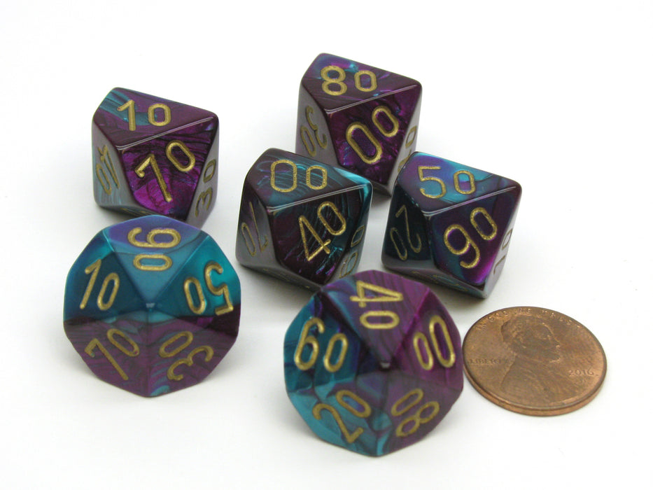 Gemini 16mm Tens D10 (00-90) Dice, 6 Pieces - Purple-Teal with Gold Numbers