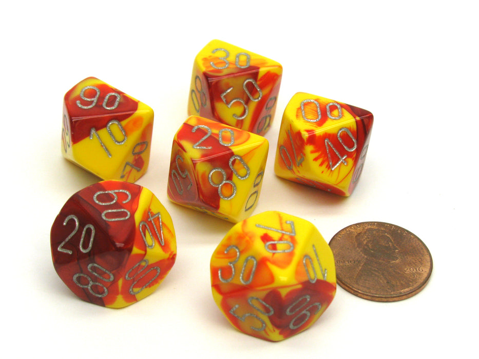 Gemini 16mm Tens D10 (00-90) Dice, 6 Pieces - Red-Yellow with Silver Numbers