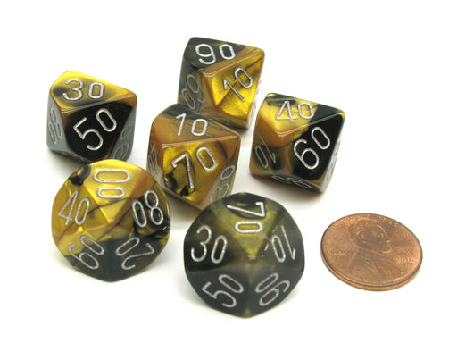 Gemini 16mm Tens D10 (00-90) Dice, 6 Pieces - Black-Gold with Silver Numbers