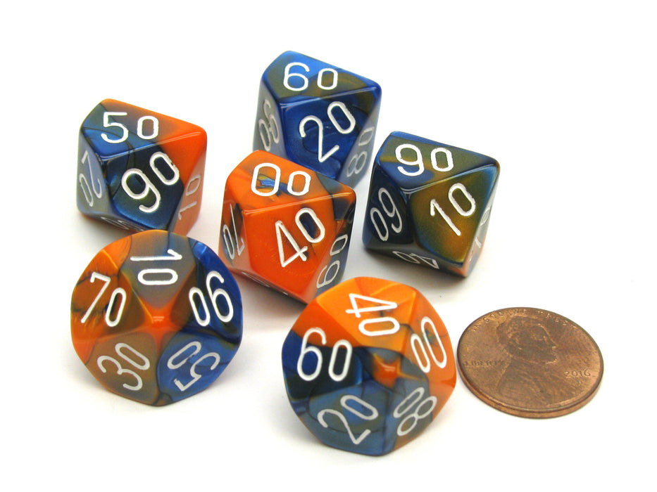 Gemini 16mm Tens D10 (00-90) Dice, 6 Pieces - Blue-Orange with White Numbers