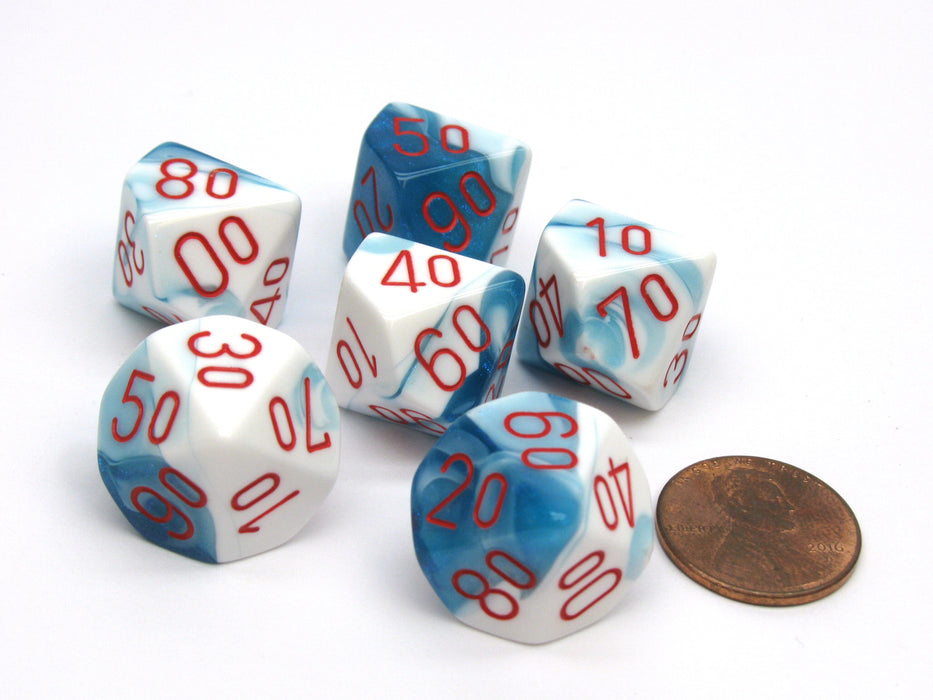 Gemini 16mm Tens D10 (00-90) Chessex Dice, 6 Pieces - Astral Blue-White with Red