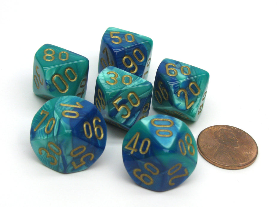 Gemini 16mm Tens D10 (00-90) Dice, 6 Pieces - Blue-Teal with Gold Numbers