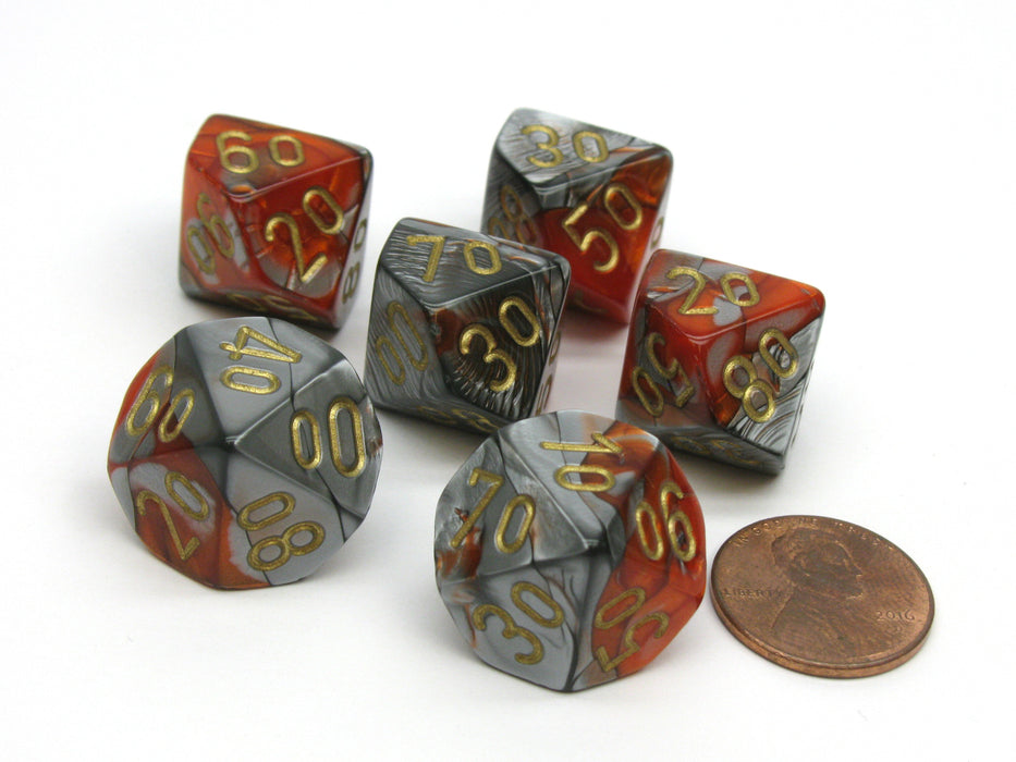 Gemini 16mm Tens D10 (00-90) Dice, 6 Pieces - Orange-Steel with Gold Numbers