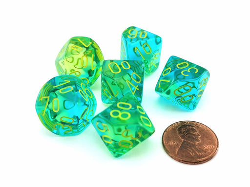 Gemini 16mm Tens D10 Dice, 6 Pieces - Translucent Green-Teal with Yellow