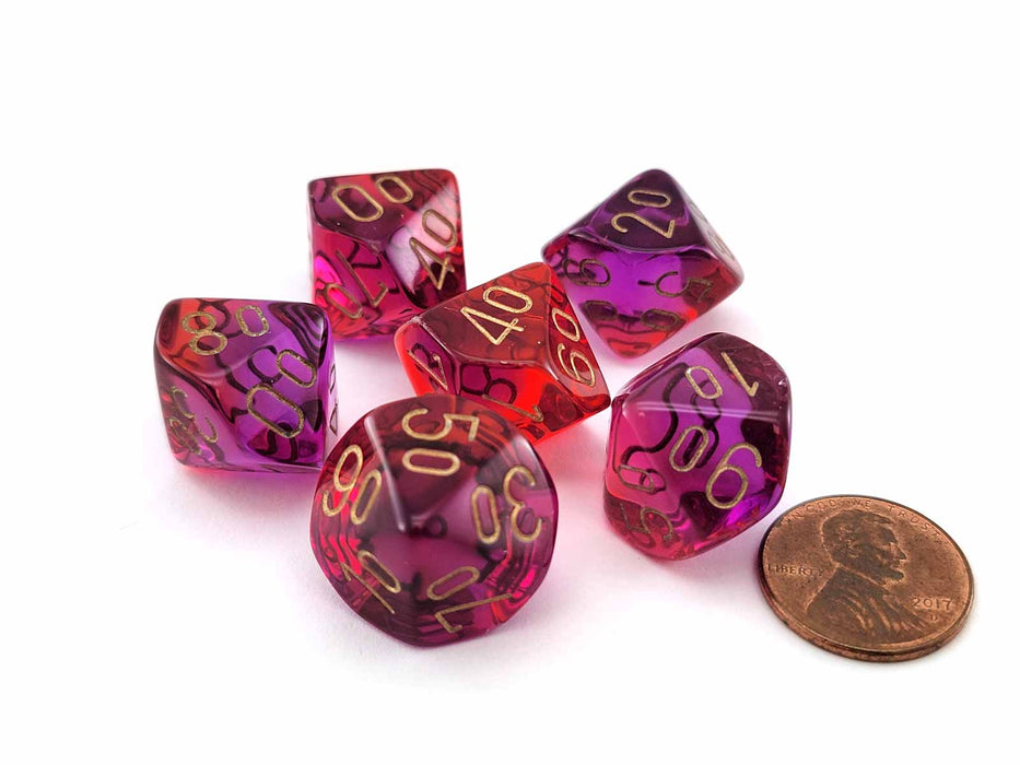 Gemini 16mm Tens D10 Dice, 6 Pieces - Translucent Red-Violet with Gold