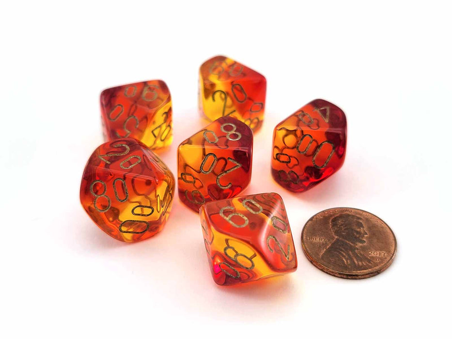 Gemini 16mm Tens D10 Dice, 6 Pieces - Translucent Red-Yellow with Gold
