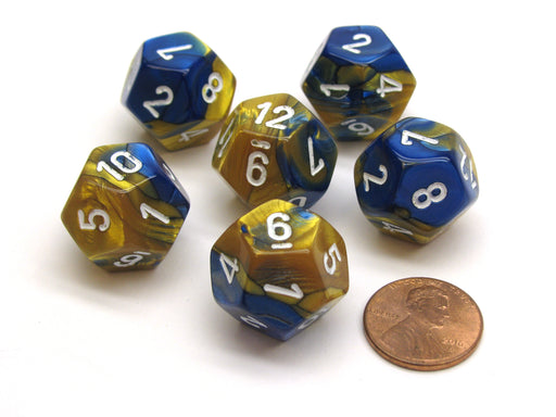 Gemini 18mm 12 Sided D12 Chessex Dice, 6 Pieces - Blue-Gold with White