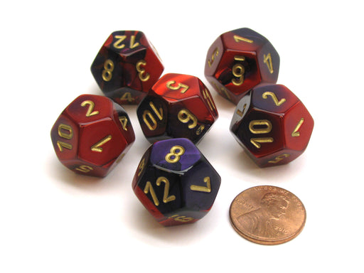 Gemini 18mm 12 Sided D12 Chessex Dice, 6 Pieces - Purple-Red with Gold