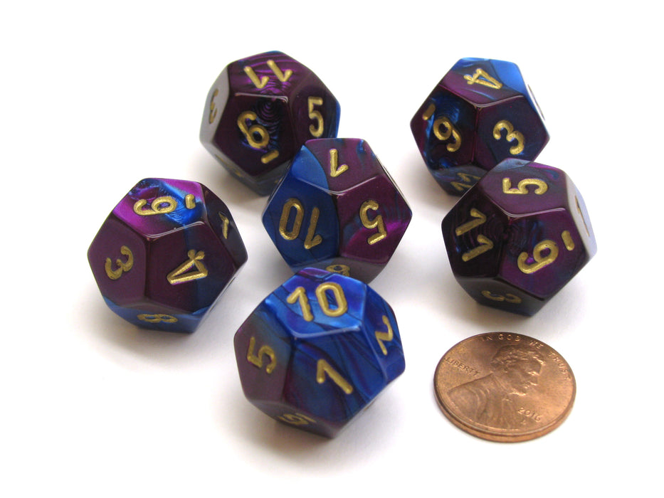Gemini 18mm 12 Sided D12 Chessex Dice, 6 Pieces - Blue-Purple with Gold