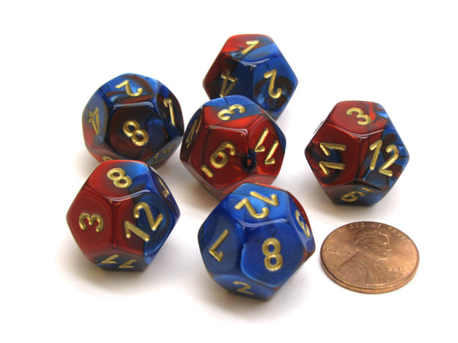 Gemini 18mm 12 Sided D12 Chessex Dice, 6 Pieces - Blue-Red with Gold
