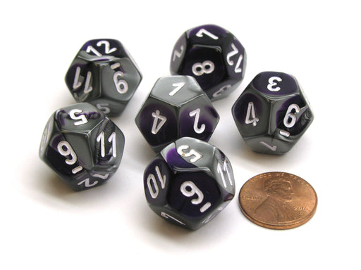 Gemini 18mm 12 Sided D12 Chessex Dice, 6 Pieces - Purple-Steel with White