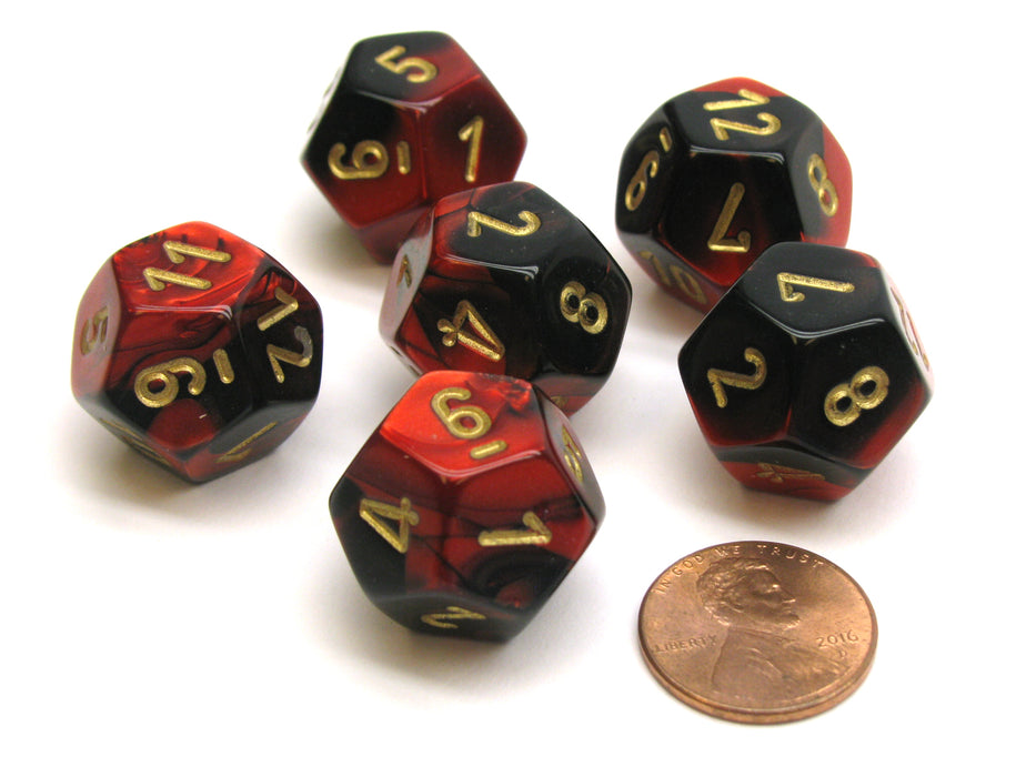 Gemini 18mm 12 Sided D12 Chessex Dice, 6 Pieces - Black-Red with Gold