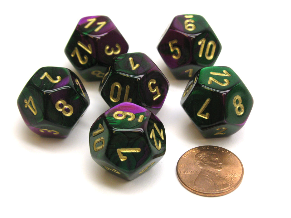 Gemini 18mm 12 Sided D12 Chessex Dice, 6 Pieces - Green-Purple with Gold