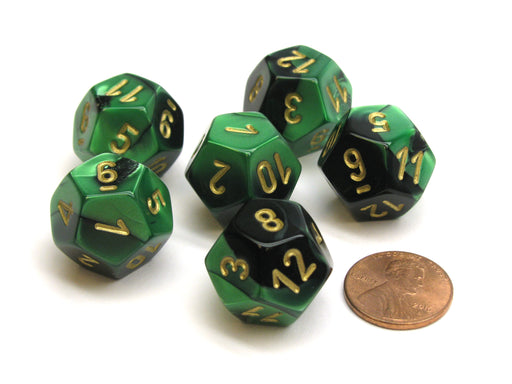 Gemini 18mm 12 Sided D12 Chessex Dice, 6 Pieces - Black-Green with Gold