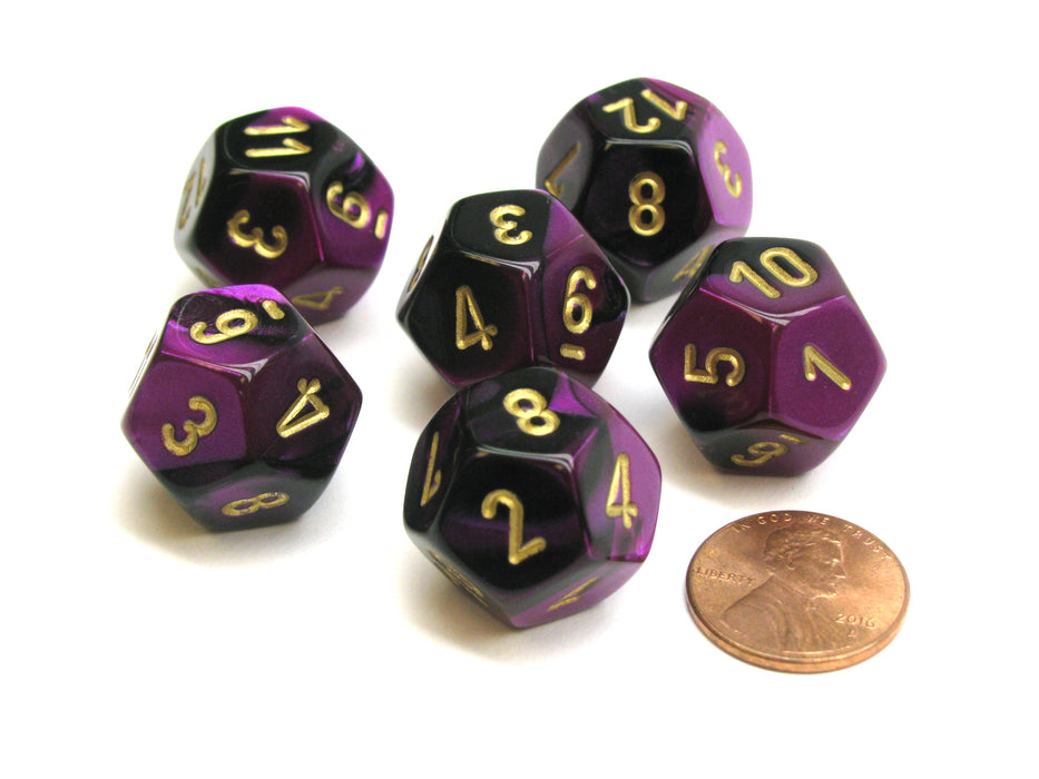 Gemini 18mm 12 Sided D12 Chessex Dice, 6 Pieces - Black-Purple with Gold