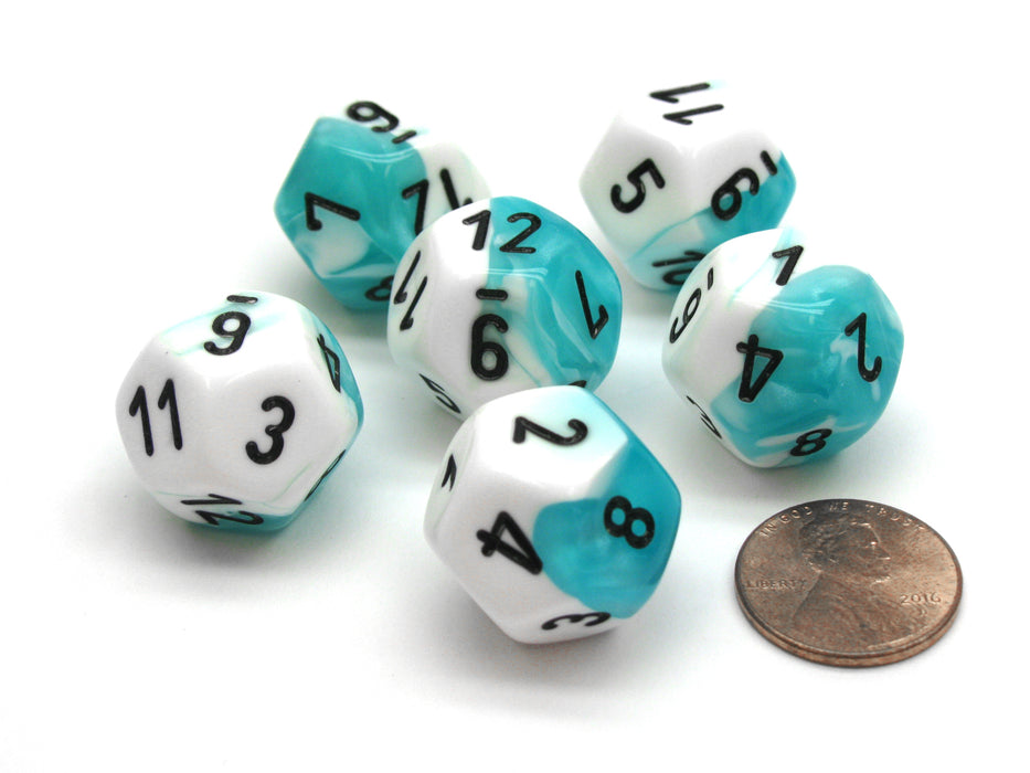 Gemini 18mm 12 Sided D12 Chessex Dice, 6 Pieces - Teal-White with Black