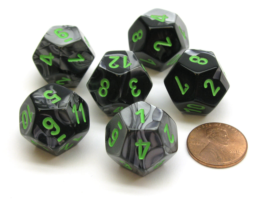 Gemini 18mm 12 Sided D12 Chessex Dice, 6 Pieces - Black-Grey with Green