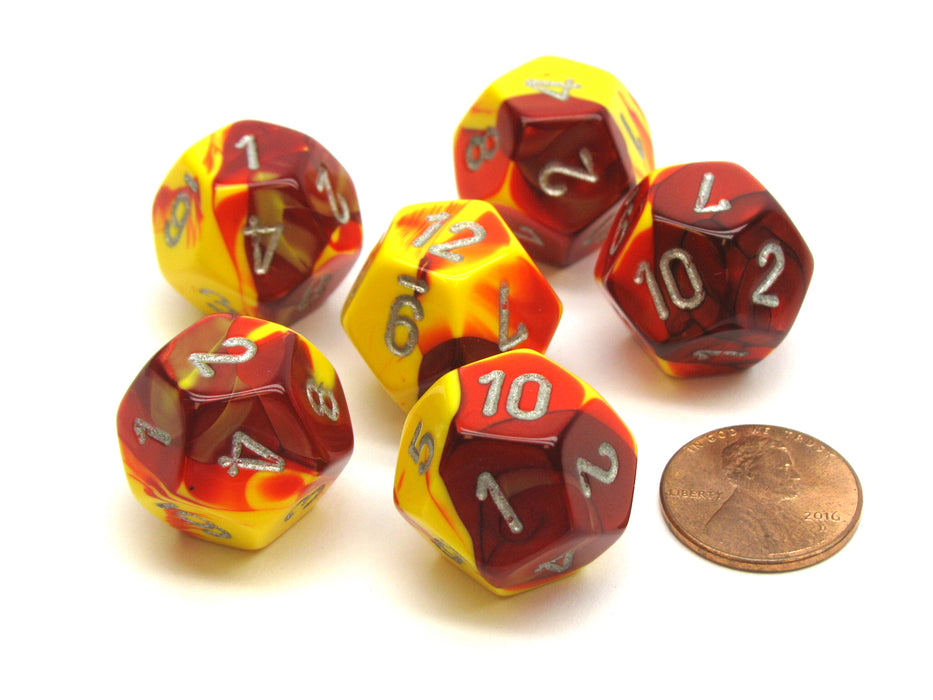 Gemini 18mm 12 Sided D12 Chessex Dice, 6 Pieces - Red-Yellow with Silver