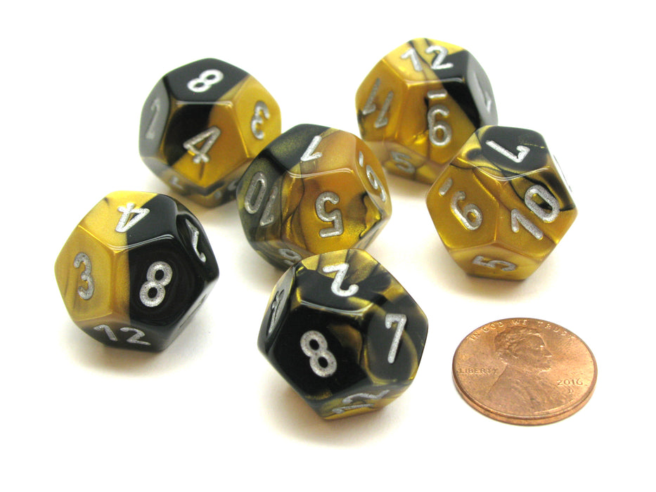 Gemini 18mm 12 Sided D12 Chessex Dice, 6 Pieces - Black-Gold with Silver