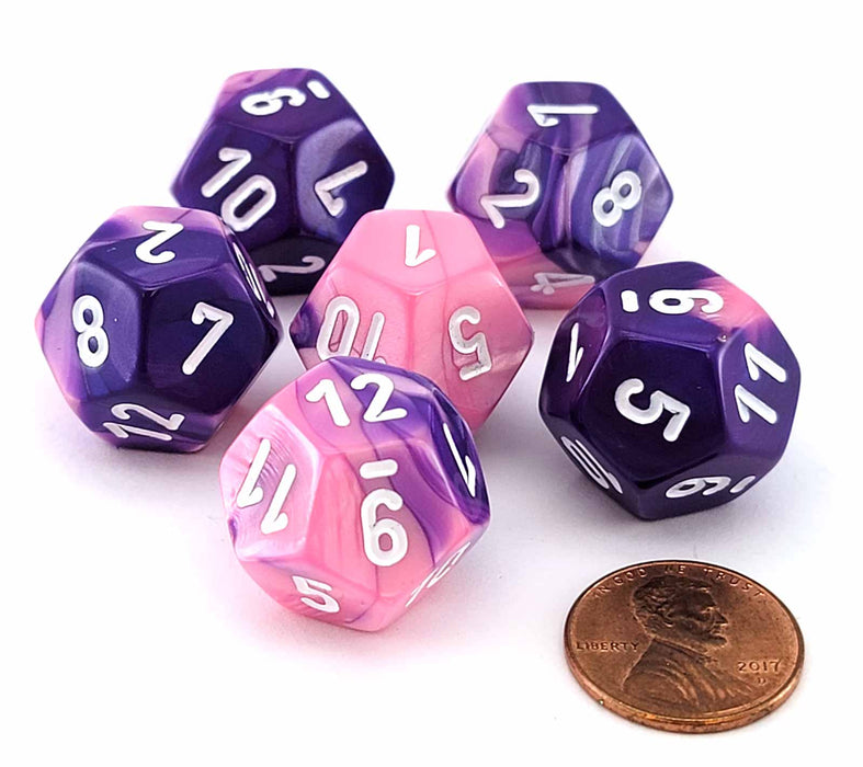 Gemini 18mm D12 Chessex Dice, 6 Pieces - Pink-Purple with White Numbers