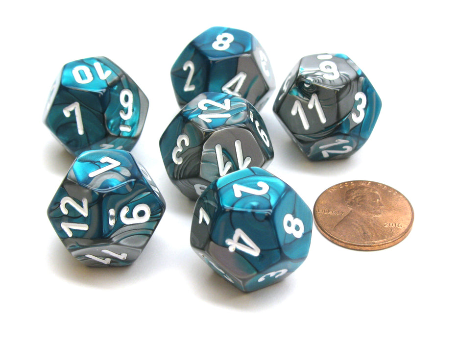 Gemini 18mm 12 Sided D12 Chessex Dice, 6 Pieces - Steel-Teal with White