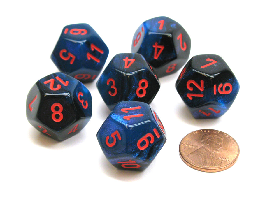 Gemini 18mm 12 Sided D12 Chessex Dice, 6 Pieces - Black-Starlight with Red