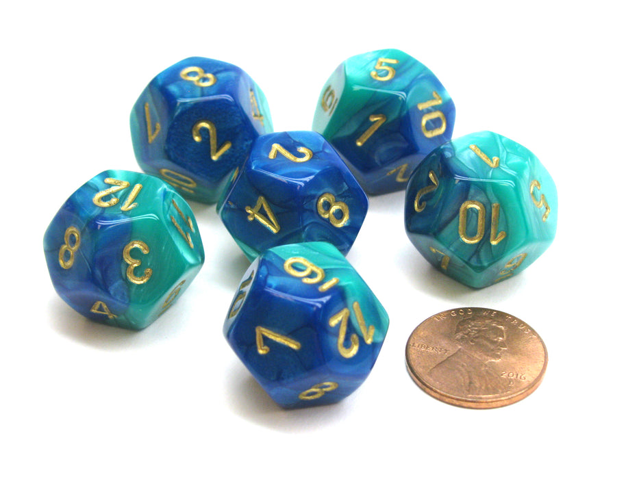 Gemini 18mm 12 Sided D12 Chessex Dice, 6 Pieces - Blue-Teal with Gold