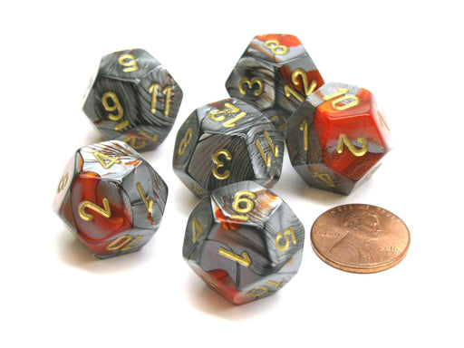 Gemini 18mm 12 Sided D12 Chessex Dice, 6 Pieces - Orange-Steel with Gold