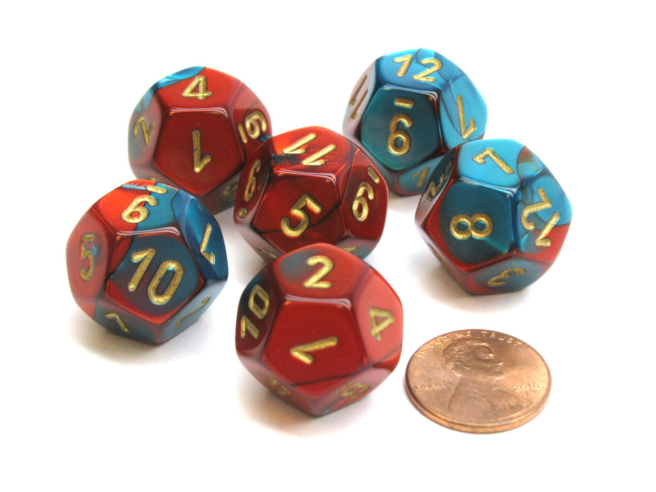 Gemini 18mm 12 Sided D12 Chessex Dice, 6 Pieces - Red-Teal with Gold
