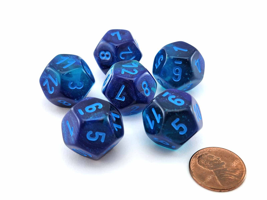 Luminary Gemini 18mm D12 Dice, 6 Pieces - Blue-Blue with Light Blue Numbers